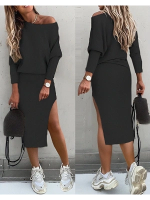 Kadın Uzun Kollu Düşük Omuz Yırtmaç Detay Kaşkorse Etek Bluz Ikili Takım