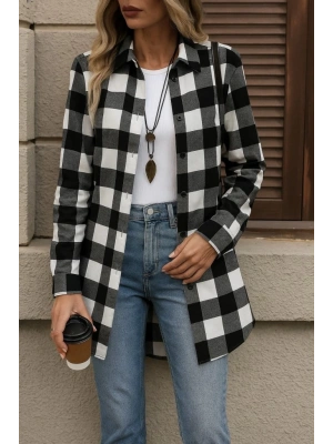 Kadın Uzun Kollu Ekoseli önden Düğmeli Dokuma Uzun Gömlek