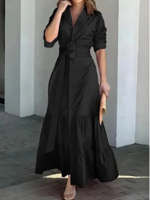 Kadın Uzun Kollu Eteği Fırfırlı Beli Kuşaklı Trikoton Tam Boy Gömlek Elbise