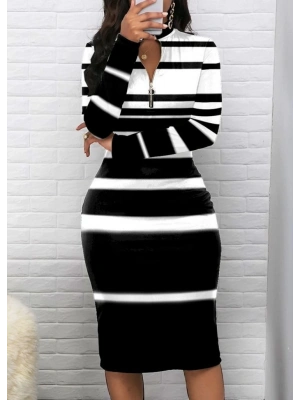 Kadın Uzun Kollu Fermuar Detay Siyah Beyaz çizgili Akrelik Triko Elbise