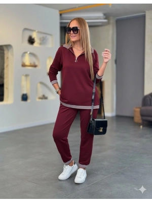 Kadın Uzun Kollu Fermuarlı şerit Detay Desenli Alt üst Ikili Viskon Iki Iplik Takım