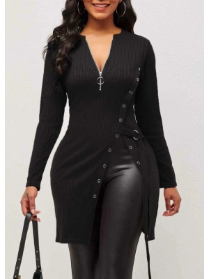 Kadın Uzun Kollu Fermuarlı Yan Yırtmaç çıtçıt Düğme Detay Fitilli Kaskorse Elbise