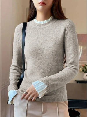 Kadın Uzun Kollu Fırfırlı Yakalı Triko Krem Bluz