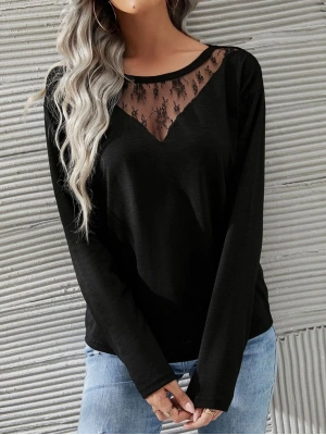 Kadın Uzun Kollu Geniş Yuvarlak Yaka Dantelli Viskon Iki Iplik Bluz