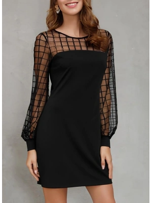 Kadın Uzun Kollu Geometrik Tül Detaylı Ithal Krep Elbise