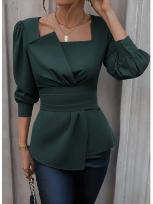 Kadın Uzun Kollu Geometrik Yakalı Belden Oturmalı Ithal Krep Bluz