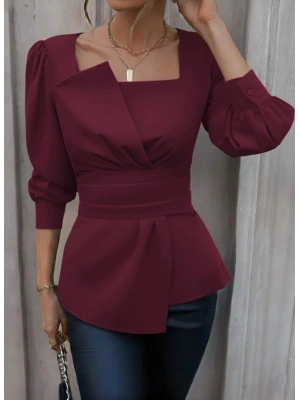 Kadın Uzun Kollu Geometrik Yakalı Belden Oturmalı Ithal Krep Bluz