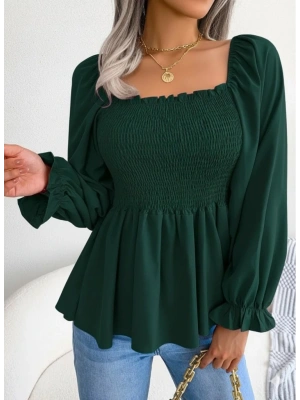 Kadın Uzun Kollu Geometrik Yakalı Gipe Detaylı Krep Bluz