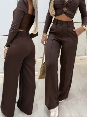 Kadın Uzun Kollu Göğüs Dekolteli Ithal Krep Bluz Ve Pantolon Ikili Takım
