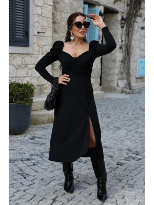 Kadın Uzun Kollu Göğüs Ve Sırt Dekolteli Krep Midi Boy Elbise