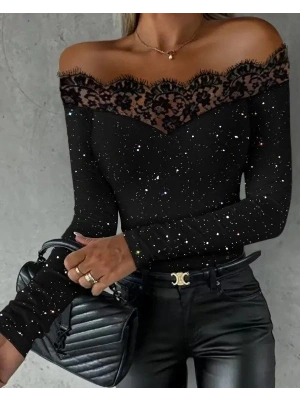 Kadın Uzun Kollu Güpürlü Madonna Yaka Taşlı Mikro Bluz