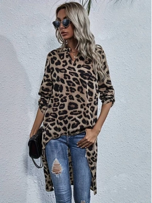 Kadın Uzun Kollu Hakim V Yakalı Leopar Desenli Asimetrik Kesim Süprem Bluz