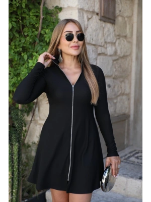 Kadın Uzun Kollu Hakim Yaka Ayarlanabilir Fermuar Dekolteli Mini Elbise