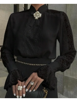 Kadın Uzun Kollu Hakim Yaka Ithal Dantel Detay Gömlek