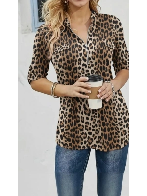 Kadın Uzun Kollu Hakim Yaka Yakadan Fermuarlı Geometrik Desenli Süprem Bluz