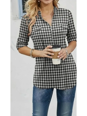 Kadın Uzun Kollu Hakim Yaka Yakadan Fermuarlı Geometrik Desenli Süprem Bluz