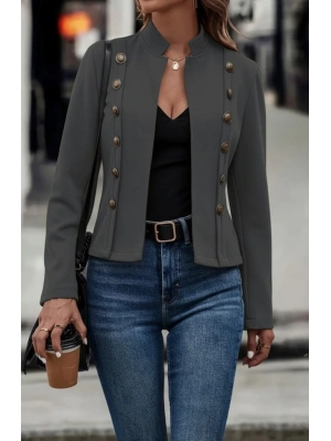 Kadın Uzun Kollu Hakim Yaka Yanlardan Düğmeli Kısa Süet Ceket