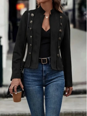 Kadın Uzun Kollu Hakim Yaka Yanlardan Düğmeli Kısa Süet Ceket