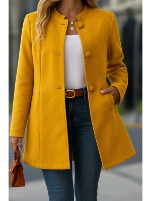 Kadın Uzun Kollu Hakim Yakalı önden Düğmeli Cep Detaylı Kısa Kaşe Kaban