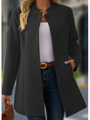 Kadın Uzun Kollu Hakim Yakalı önden Düğmeli Cep Detaylı Kısa Kaşe Kaban