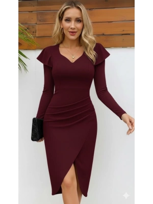 Kadın Uzun Kollu Kalp Yaka önden çapraz Detaylı Midi Ithal Krep Elbise