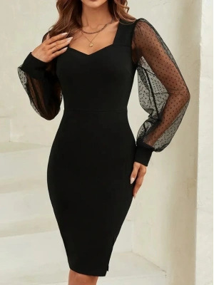 Kadın Uzun Kollu Kalp Yakalı Kol Tül Detaylı Kısa Ithal Krep Elbise