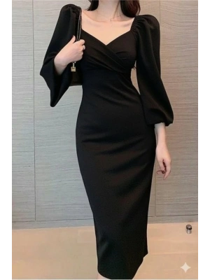 Kadın Uzun Kollu Kalp Yakalı Midi Ithal Krep Elbise