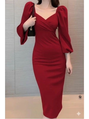 Kadın Uzun Kollu Kalp Yakalı Midi Ithal Krep Elbise