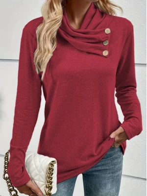 Kadın Uzun Kollu Kapişon Yaka Düğmeli Yumoş Bluz