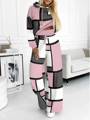 Kadın Uzun Kollu Kapşonlu Bağcıklı Desenli Iki Iplik Bluz Ve Pantolon Ikili Takım