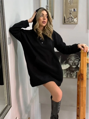 Kadın Uzun Kollu Kapşonlu Bağcıklı önden Düğmeli Ve Cepli Iki Iplik şardonlu Elbise