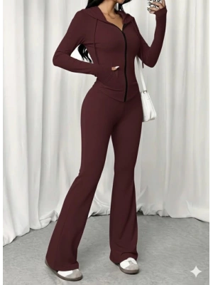 Kadın Uzun Kollu Kapşonlu Bağcıklı önü Fermuarlı Viskon Iki Iplik Bluz Ve Pantolon Ikili Takım