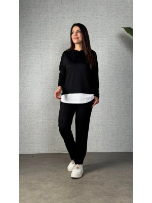 Kadın Uzun Kollu Kapşonlu Bağcıklı Viskon Iki Iplik Bluz Ve Pantolon Ikili Takım