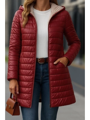 Kadın Uzun Kollu Kapşonlu Cep Detaylı Fermuarlı Orta Boy Mont