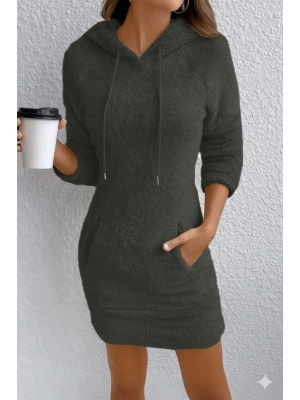 Kadın Uzun Kollu Kapşonlu Cepli Mini Peluş Elbise