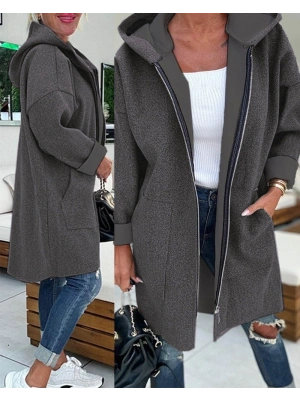Kadın Uzun Kollu Kapşonlu Fermuar Detaylı Cepli Uzun üç Iplik Ceket