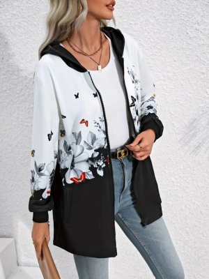 Kadın Uzun Kollu Kapşonlu Fermuarlı çiçekkelebek Desenli şardonlu Dalgıç Ceket