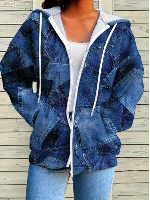 Kadın Uzun Kollu Kapşonlu Fermuarlı Kot Desenli Bağcıklı Modal Ceket