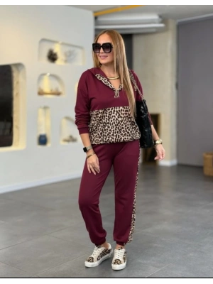 Kadın Uzun Kollu Kapşonlu Leopar Desen Detaylı Viskon Iki Iplik Bluz Ve Pantolon Ikili Takım