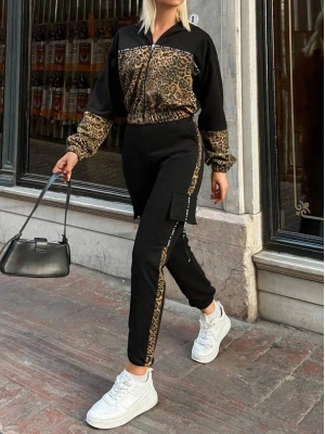 Kadın Uzun Kollu Kapşonlu Leopar Desenli Viskon Iki Iplik Bluz Ve Pantolon Ikili Takım