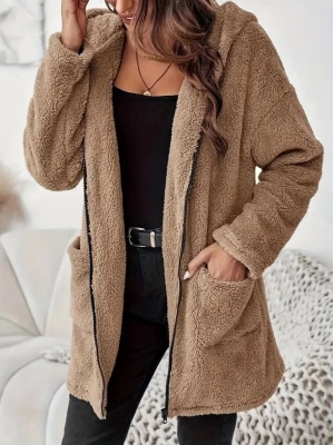 Kadın Uzun Kollu Kapşonlu önden Fermuarlı Cepli Welsoft Ceket