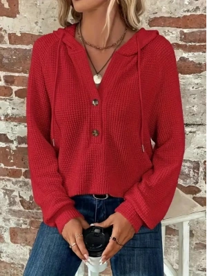 Kadın Uzun Kollu Kapşonlu önü Düğmeli Ve Bağcıklı Waffle Bluz