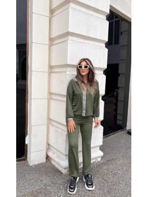 Kadın Uzun Kollu Kapşonlu önü Fermuarlı şerit Detay Viskon Iki Iplik Alt üst Ikili Takım