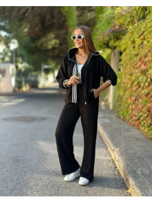 Kadın Uzun Kollu Kapşonlu Onu şerit Detaylı Fermuarlı Viskon Iki Iplik Bluz Ve Pantolon Ikili Takım
