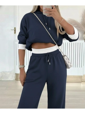 Kadın Uzun Kollu Kapşonlu Viskon Iki Iplik Füme Bluz Ve Pantolon Ikili Takım