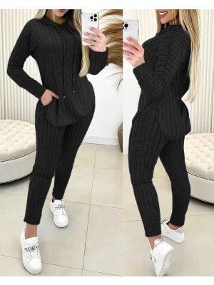 Kadın Uzun Kollu Kapşonlu Yakadan Bağcıklı Yandan Yırtmaçlı üst Bluz Alt Tayt şardonlu Kaşkorse Ikili Takım