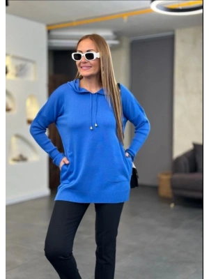 Kadın Uzun Kollu Kapüşon Detay Triko Tunik