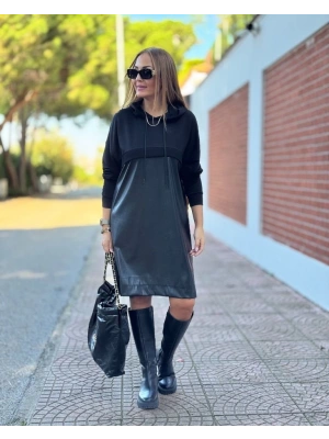 Kadın Uzun Kollu Kapüşon Ve Deri Detay Diz üstü Elbise