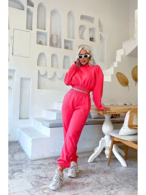 Kadın Uzun Kollu Kapüşonlu Beli Lastik Detay weat Ve Yüksek Bel Bileği Lastikli Pantolon üç üplik Kumaş Ikili Takım