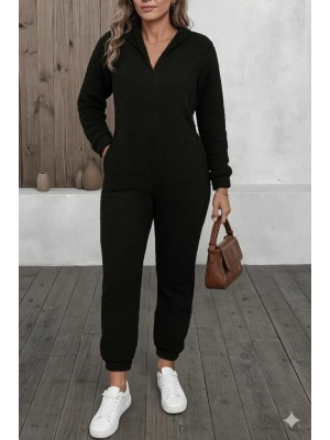 Kadın Uzun Kollu Kapüşonlu Tavşan Kulak Detaylı Peluş Tulum